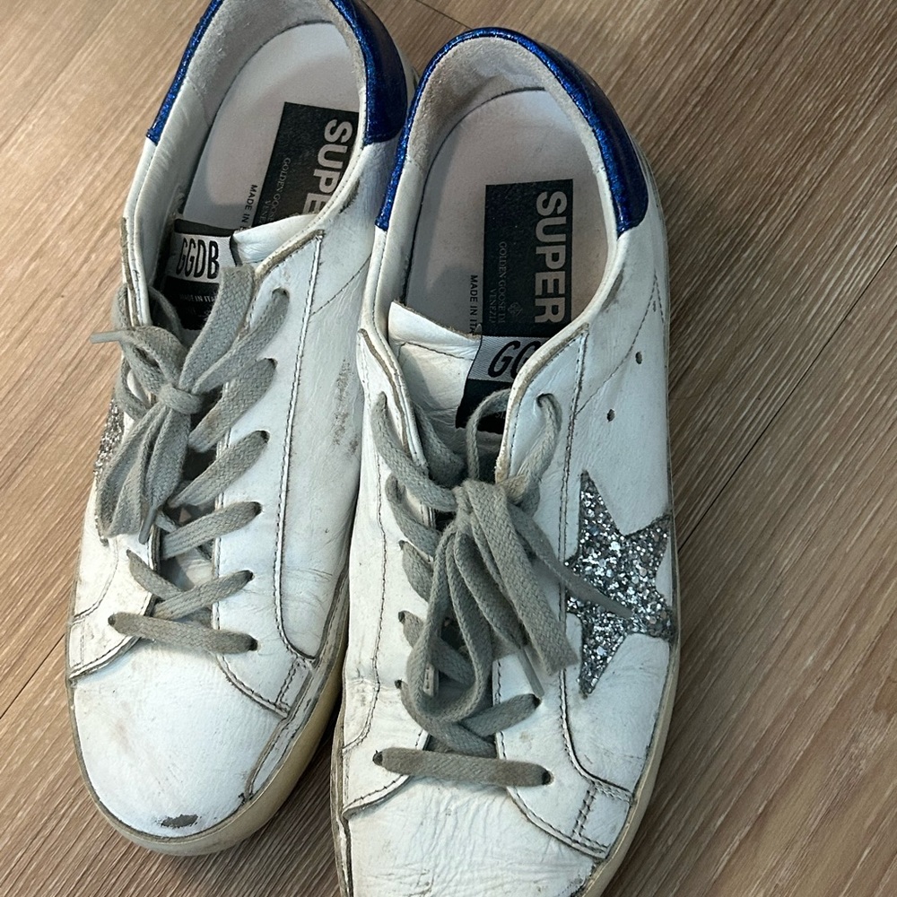 Blue heel glitter silver star low top golden goose sneakers